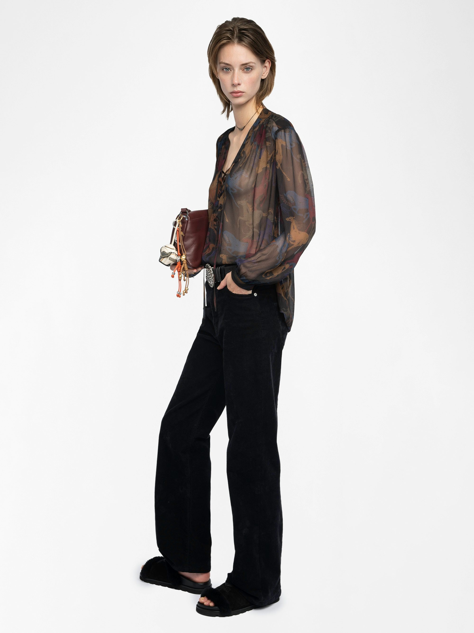 Tamela Shirt - Printed chiffon shirt with balloon long sleeves, western cut and lace-up neckline.